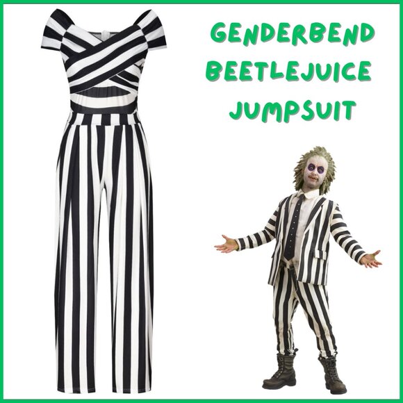 Black & White Stripe Dressy Off Shoulder V Neck High Waist Jumpsuit - Picture 3 of 5